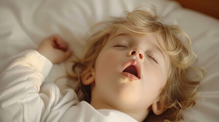 Funny face expression with open mouth of blonde caucasian three years old child, sleeping on king bed 