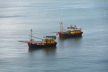 Fishing boats in sea in Vietnam. View from above