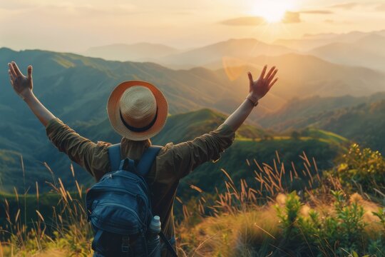 Happy Man raised hands at sunset mountains Travel Lifestyle emotional concept adventure summer vacations outdoor hiking mountaineering harmony with nature