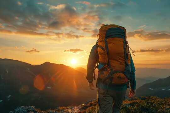 Man hiking at sunset mountains with heavy backpack Travel Lifestyle wanderlust adventure concept summer vacations outdoor alone into the wild