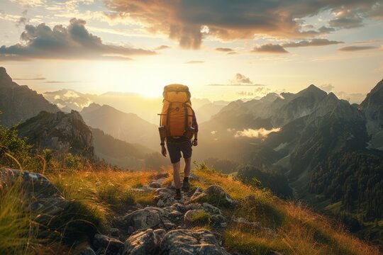 Man hiking at sunset mountains with heavy backpack Travel Lifestyle wanderlust adventure concept summer vacations outdoor alone into the wild
