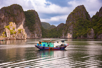 Ha Long bay in Vietnam with many islands and boats