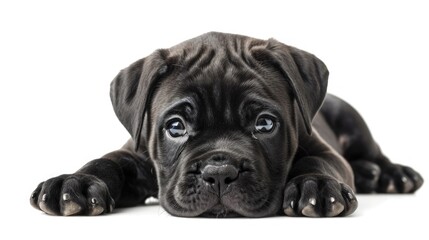 Isolated Black Cane Corso Puppy on White Background. Adorable Domestic Pet Dog with Cute Expression