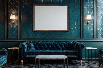 A single blank frame hangs above a luxurious velvet sofa