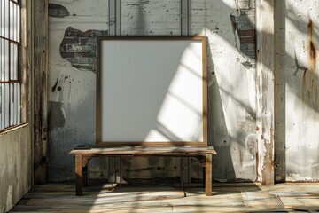 A single blank frame leans against a distressed wooden bench