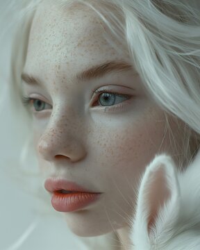 Close-up portrait of a tranquil albino girl with white rabbit ears gently kissing her cheek, embodying innocence and purity