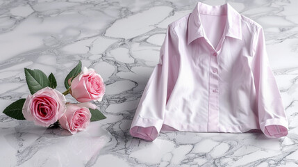 A pink shirt is laid on a marble countertop with a bouquet of pink roses. The shirt is folded and the roses are arranged in a vase. Concept of elegance and sophistication