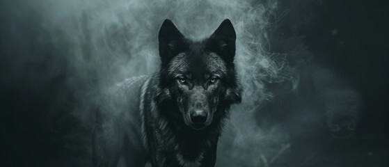 Close up on a wolf eyes on black background, grey wolf portrait with copy-space, intense stare, dusk, pack in distance, wild instinct and natural habitat's mystery. Generative ai