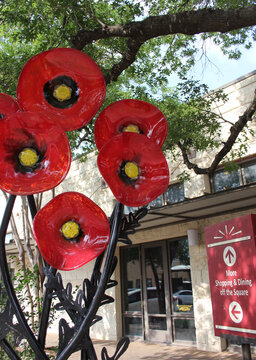 Georgetown, TX - June 7, 2023: Artistic Glass Red Poppies Located on Town Square in Georgetown TX