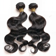Two stacks of Brazilian hair bundles in black, close-up, AI-generated.