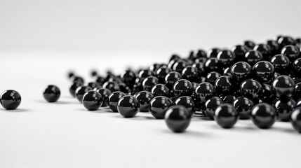 Black balls arranged in a row on a white table, AI-generated.