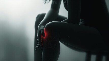 An image depicting a person in pain with a focused red light emphasizing the sore knee, illustrating discomfort and possibly medical issues