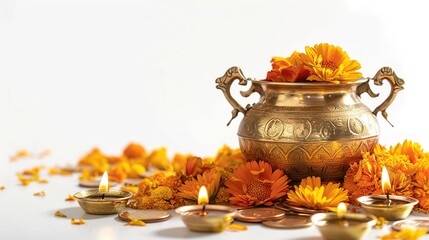 Happy Akshaya Tritiya religious festival Celebration with kalash and gold coins Ai Generated