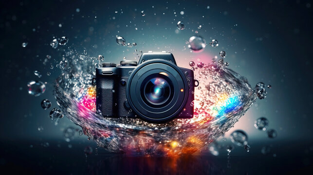 World photography day, vintage camera on background, professional hobby. AI generated.