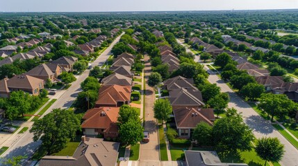 Fototapeta premium Summer Aerial View of Neighborhood: Panoramic Landscape and Architecture amidst Greenery