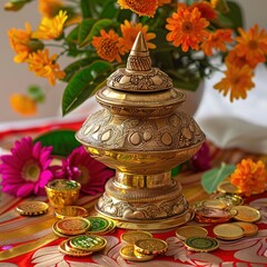 Happy Akshaya Tritiya religious festival Celebration with kalash and gold coins Ai Generated
