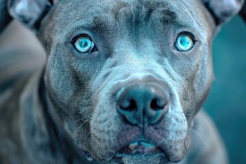 Blue Pit Bull Puppy: Portrait of a Purebred Carnivorous Pet in Mug Shot Style - obrazy, fototapety, plakaty