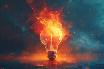 Incandescent Light Bulb Exploding with Fire. A digitally enhanced image of a light bulb bursting with flames, representing intense energy and power.