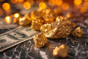 Gold Nuggets and Currency - Wealth Concept. Close-up view of gold nuggets alongside US dollar bills, depicting wealth and investment themes.