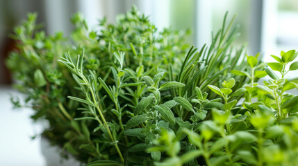 A bunch of herbs including parsley, rosemary, and thyme are in a pot. The herbs are green and fresh, and they are arranged in a way that makes them look like they are growing together