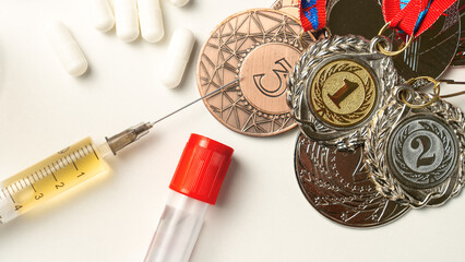Athletes' medals against the background of doping. Doping for an athlete. Concept of doping...