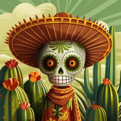 Cinco de Mayo, with heerful decorated skull in sombrero Mexican cactus and party sombrero hat, Mexico Fiesta. Ai Generated