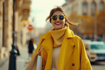 Obraz premium a woman in a yellow coat walks through the city