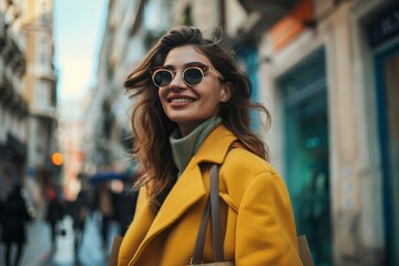 Obraz premium a woman in a yellow coat walks through the city