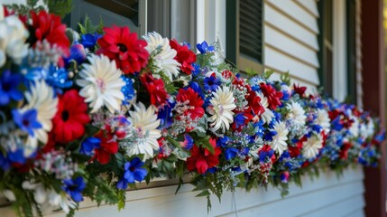 Fototapeta na wymiar Patriotic Flower Boxes Adorning a Home during a National Holiday