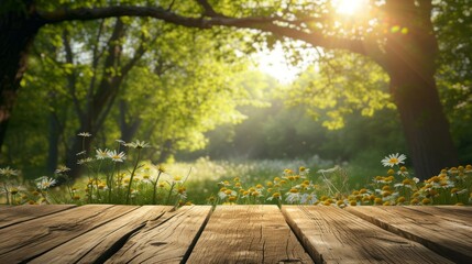 An empty wooden table in springtime in sunny rays.