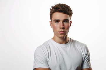 A young man in a white t shirt on a white background.