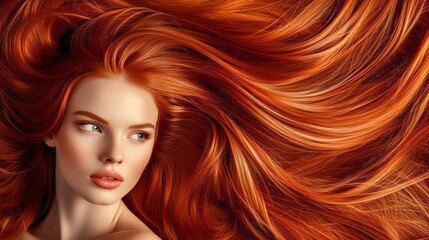 A portrait of a beautiful woman with long wavy red hair.