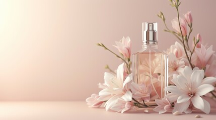 A bottle of perfume and a sprig of tuberose in the sun's rays on a pink background.