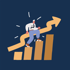 Cartoon vector illustration of Career planning. Businessman draws graph of growth standing at stairs steps. Concept of career growth.