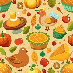 Seamless pattern of Thanksgiving feasts with turkey and pumpkin pie, Generative AI