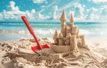 Shovel sand castle on the seashore