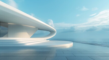 A Modern Building With A Curved Staircase And The Ocean View In The Background.