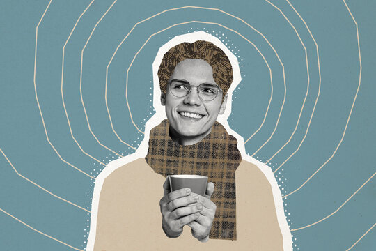 Composite photo collage of happy young guy hold cup beverage snow walk outdoor enjoy coffee drink hot break isolated on painted background - Powered by Adobe