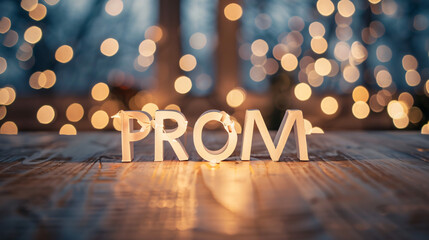 Paper word PROM on table against blurred lights