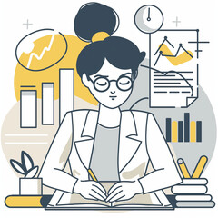 Detailed illustration of a professional woman engaged in analyzing statistical data and financial charts