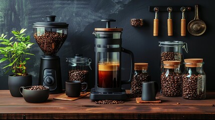 A variety of coffee making tools and accessories are arranged on a wooden table against a dark background