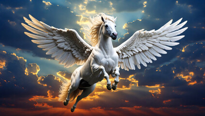 A white Pegasus flies in the sky