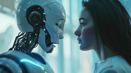 Fototapeta premium AI Robot and Human Woman in Love 