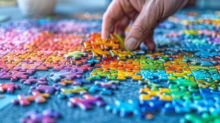 A hand hovers over a puzzle, about to place the final piece