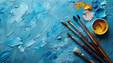 A variety of paintbrushes rest on a blue oil painting. The bristles of the brushes are covered in...