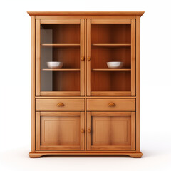 3D rendering of a wooden cupboard with glass doors and drawers isolated on a white background