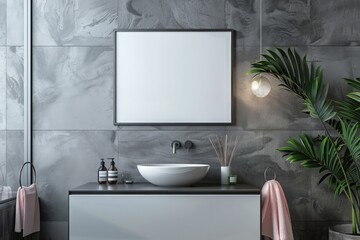 A blank frame hangs on the wall above the vanity