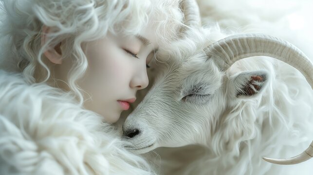 Dreamlike image capturing a pale girl with white hair in an intimate, serene kiss with a mystical white horned creature