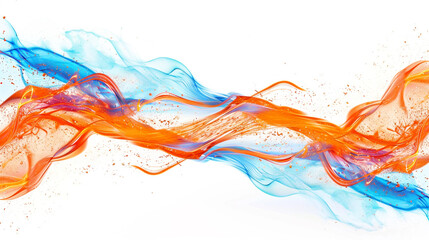 Dynamic orange neon lightning streaks amidst vibrant blue wave patterns, isolated on a solid white background."