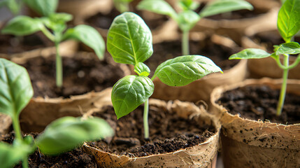 Peat pots with soil and green seedling closeup